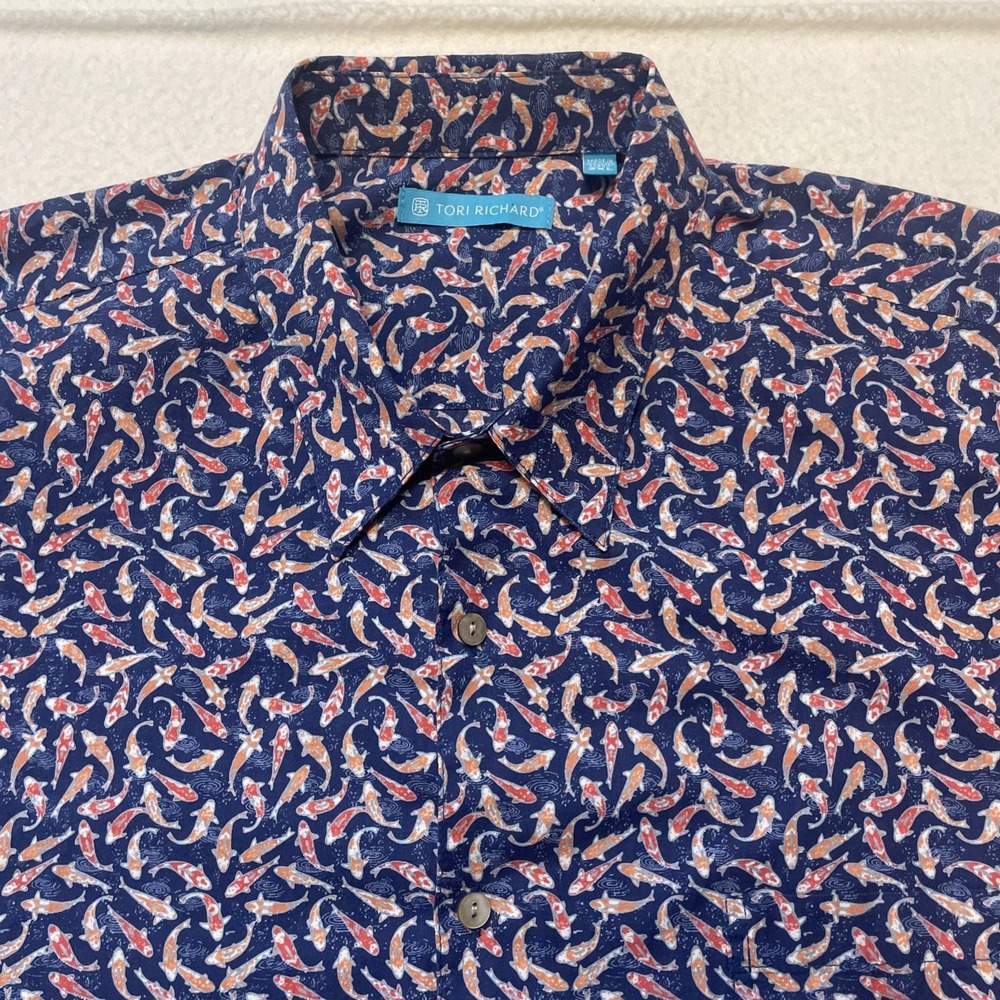 Tori Richard Hawaiian Shirt Mens Size 2XL Blue Aloha Koi Fish Short Sleeve